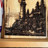 Rustic Lighthouse & Cabin Wood Wall Art – Hand Engraved Pine or Aspen – Coastal Forest Decor