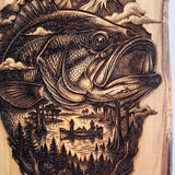Rustic Bass Fishing Bottle Opener – Hand Engraved Pine Wall Mount – Lake & Cabin Decor
