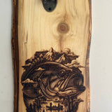 Rustic Bass Fishing Bottle Opener – Hand Engraved Pine Wall Mount – Lake & Cabin Decor