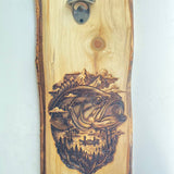 Rustic Bass Fishing Bottle Opener – Hand Engraved Pine Wall Mount – Lake & Cabin Decor