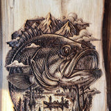 Rustic Bass Fishing Bottle Opener – Hand Engraved Pine Wall Mount – Lake & Cabin Decor