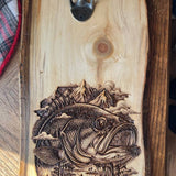 Rustic Bass Fishing Bottle Opener – Hand Engraved Pine Wall Mount – Lake & Cabin Decor