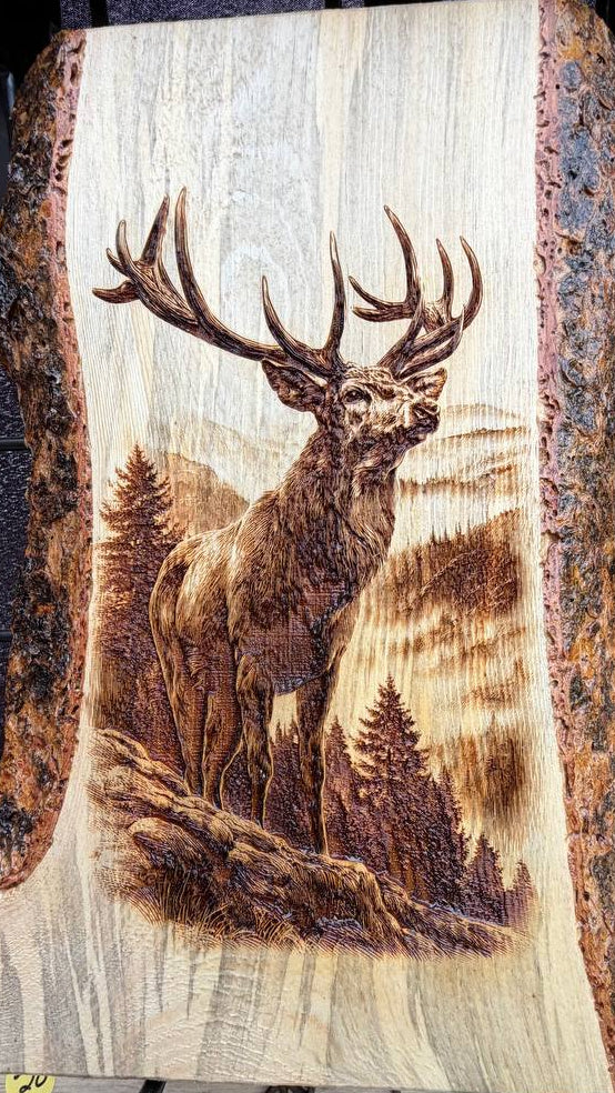 A live-edge wood plaque featuring a detailed laser-burned or engraved stag in a forest landscape, displayed on a stand.