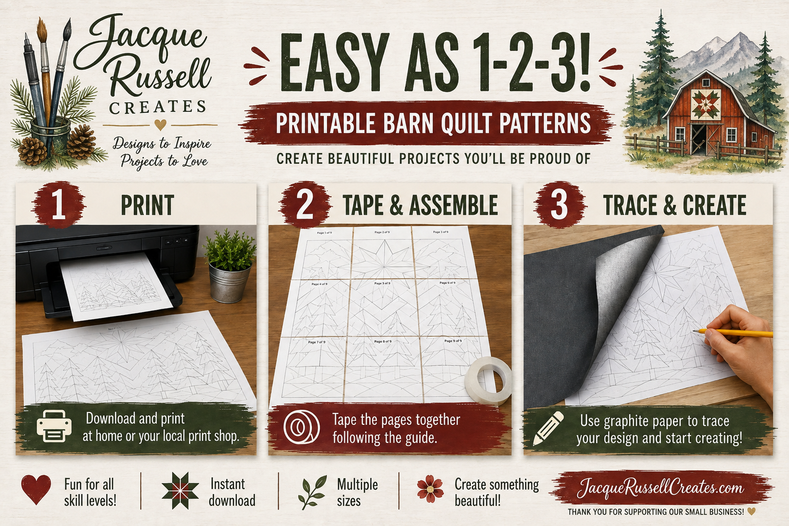 Promotional graphic for printable barn quilt patterns by Jacque Russell Creates, showing three illustrated steps: print, tape & assemble, and trace & create, with a small photo of a hand tracing a quilt design. The design includes a rustic barn illustration, pine trees, and decorative text on a cream and brown background.