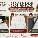 Promotional graphic for printable barn quilt patterns by Jacque Russell Creates, showing three illustrated steps: print, tape & assemble, and trace & create, with a small photo of a hand tracing a quilt design. The design includes a rustic barn illustration, pine trees, and decorative text on a cream and brown background.