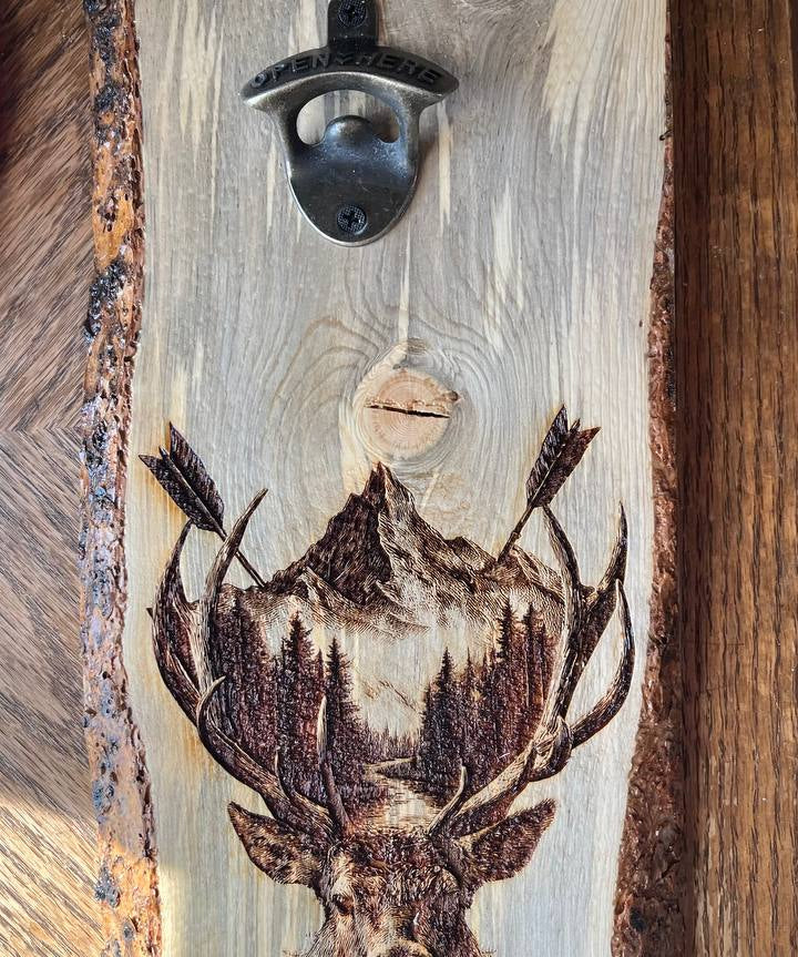 Wooden bottle opener with a deer design on a rustic wooden background
