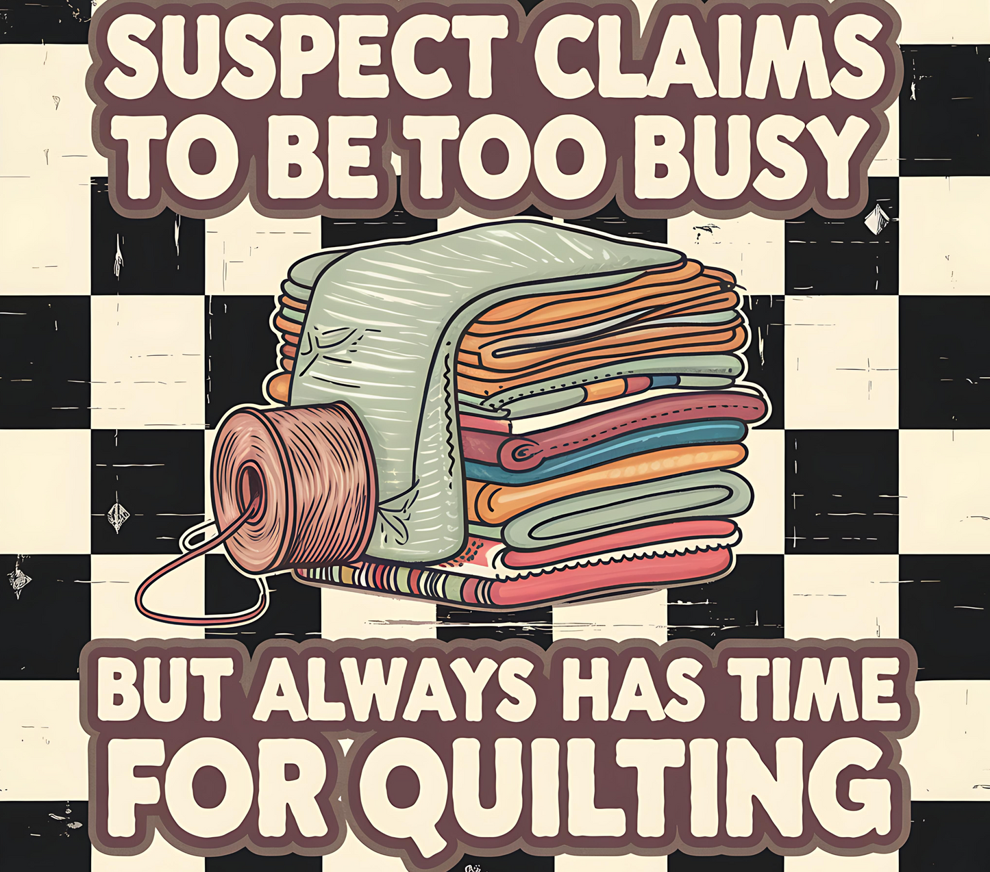 Suspect Claims to Be Too Busy but Always Has Time for Quilting 20oz Tumbler Wrap, Retro Quilting Design, Sewing Lover Sublimation PNG