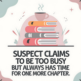 Suspect Claims to Be Too Busy but Always Has Time for One More Chapter | 20oz Skinny Tumbler Wrap PNG | Book Lover Sublimation Design