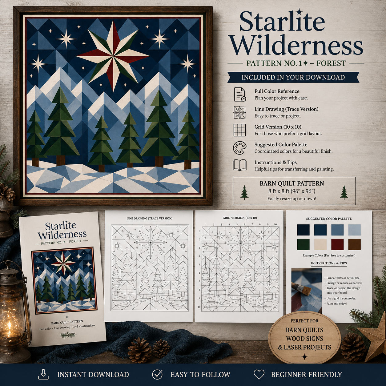 Barn quilt pattern cover and included digital/download contents for Starlite Wilderness Pattern No. 1: Forest, showing a completed quilt design, line drawing trace version, grid version, color palette, and instruction pages on a styled dark background with lantern and pine elements.