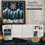 Barn quilt pattern cover and included digital/download contents for Starlite Wilderness Pattern No. 1: Forest, showing a completed quilt design, line drawing trace version, grid version, color palette, and instruction pages on a styled dark background with lantern and pine elements.