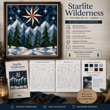 Barn quilt pattern cover and included digital/download contents for Starlite Wilderness Pattern No. 1: Forest, showing a completed quilt design, line drawing trace version, grid version, color palette, and instruction pages on a styled dark background with lantern and pine elements.