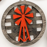 Rustic Windmill Ornament – 3.25" Round Wooden Christmas Tree Ornament – Farmhouse Windmill Holiday Décor – Handmade Basket Weave Wood Ornament