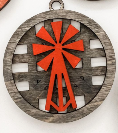Rustic Windmill Ornament – 3.25" Round Wooden Christmas Tree Ornament – Farmhouse Windmill Holiday Décor – Handmade Basket Weave Wood Ornament