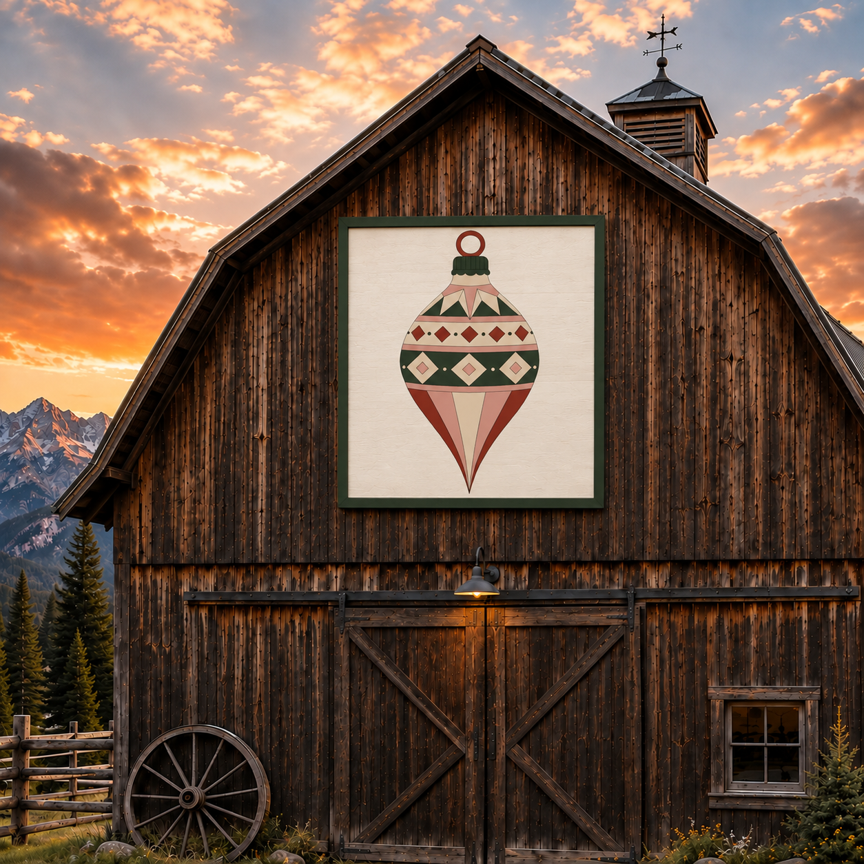 Yuletide Jewel printed Christmas barn quilt pattern featuring a geometric vintage ornament design in evergreen, cream, dusty blush and rich red for DIY painted barn quilts, Christmas wood signs, farmhouse holiday decor and handmade seasonal projects.
